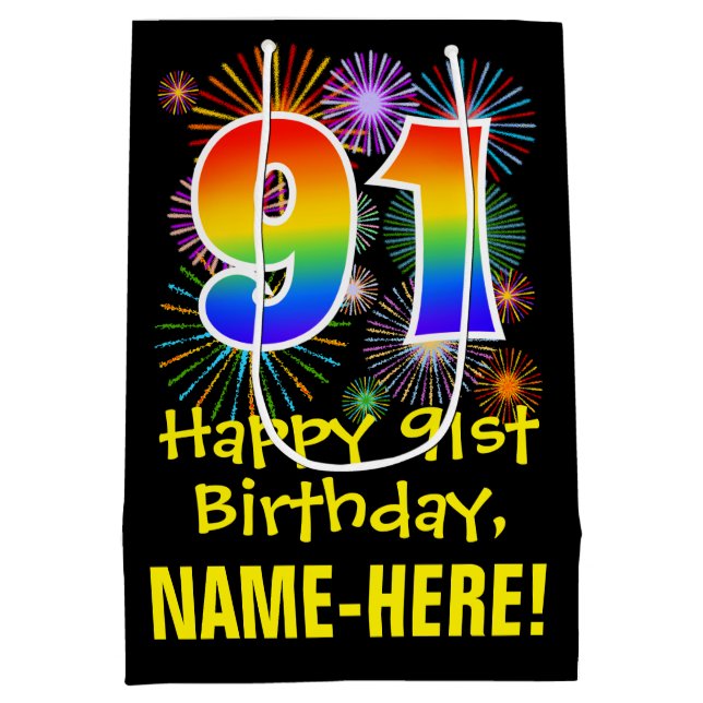 91st Birthday: Fun Fireworks Pattern + Rainbow 91 Medium Gift Bag (Back)
