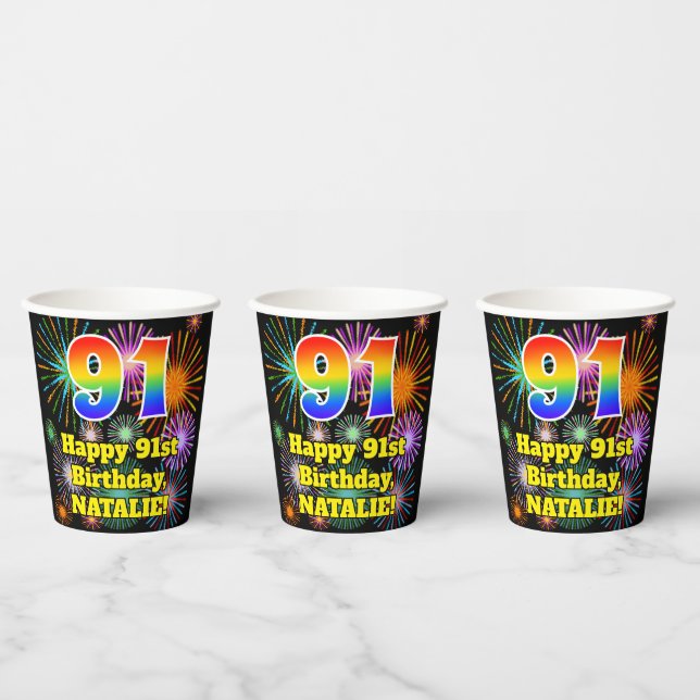 91st Birthday: Fun Fireworks Pattern + Rainbow 91 Paper Cups (Multi)
