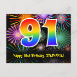 [ Thumbnail: 91st Birthday – Fun Fireworks Pattern + Rainbow 91 Postcard ]