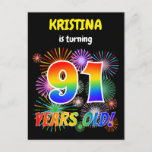 [ Thumbnail: 91st Birthday - Fun Fireworks, Rainbow Look "91" Postcard ]