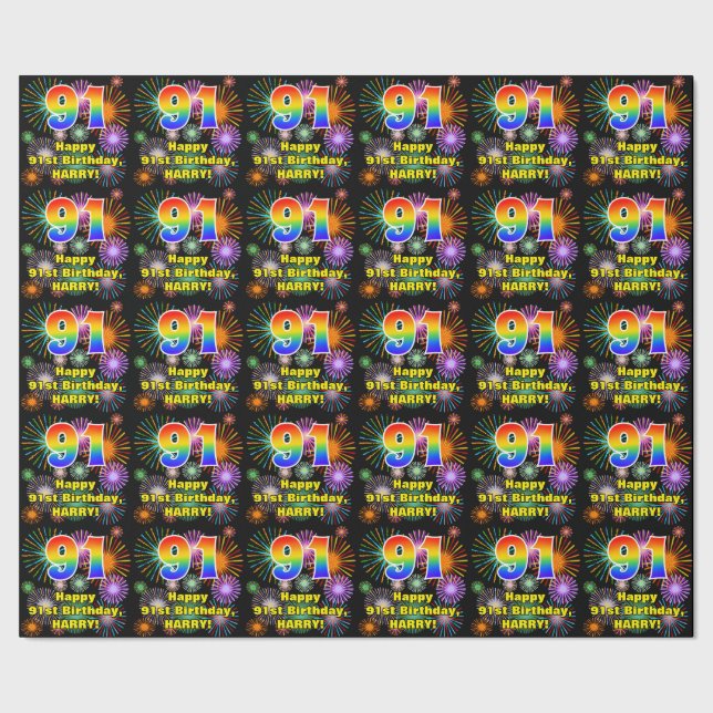 91st Birthday: Fun Fireworks, Rainbow Look # “91” Wrapping Paper (Seam)