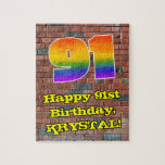 [ Thumbnail: 91st Birthday: Fun Graffiti-Inspired Rainbow 91 Jigsaw Puzzle ]