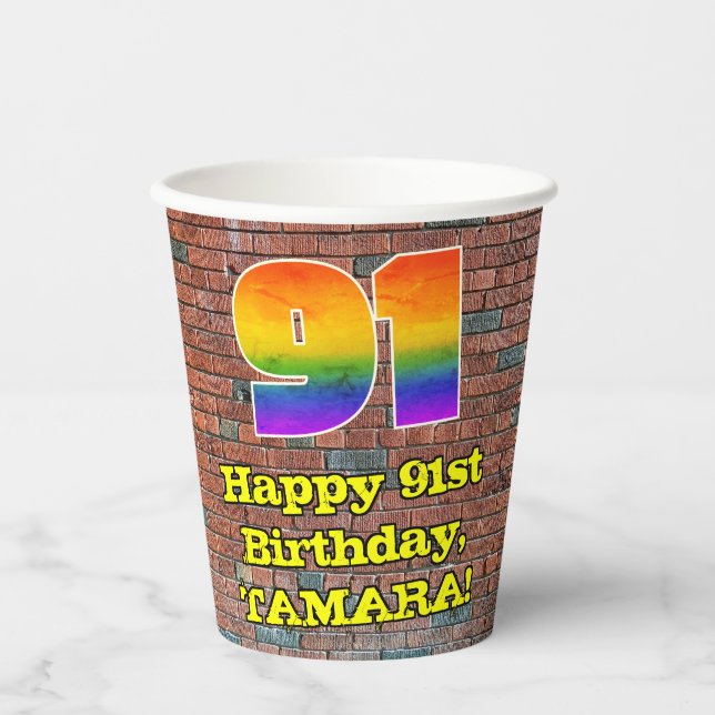 91st Birthday: Fun Graffiti-Inspired Rainbow 91 Paper Cups (Front)