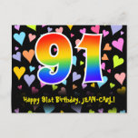 [ Thumbnail: 91st Birthday: Fun Hearts Pattern, Rainbow 91 Postcard ]