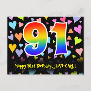 91st Birthday: Fun Hearts Pattern, Rainbow 91 Postcard
