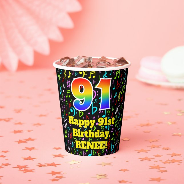 91st Birthday: Fun Music Notes Pattern, Rainbow 91 Paper Cups (Insitu)