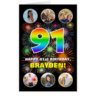 91st Birthday: Fun Rainbow #, Custom Name + Photos Card