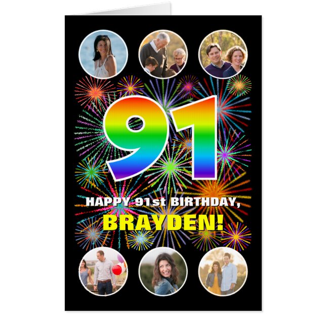 91st Birthday: Fun Rainbow #, Custom Name + Photos Card (Front)