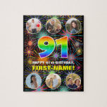 [ Thumbnail: 91st Birthday: Fun Rainbow #, Custom Name + Photos Jigsaw Puzzle ]