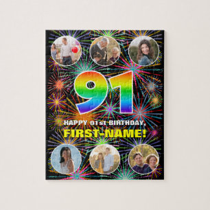 91st Birthday: Fun Rainbow #, Custom Name + Photos Jigsaw Puzzle