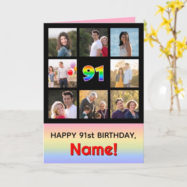 91st Birthday: Fun Rainbow #, Custom Photos + Name Card (Yellow Flower)