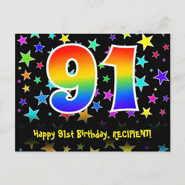 91st Birthday: Fun Stars Pattern, Rainbow 91, Name Postcard (Front)