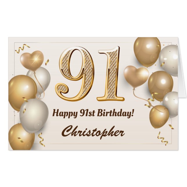 91st Birthday Gold Balloons Confetti Extra Large Card (Front Horizontal)