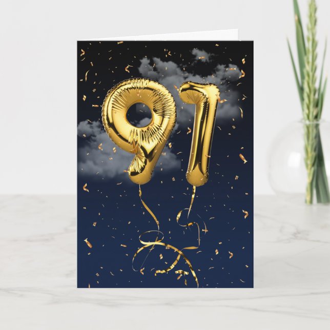 91st Birthday Gold Mylar Balloon and Confetti Card (Front)