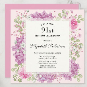 91st Birthday Invitation Elegant Pink Flowers