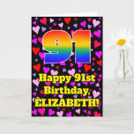 [ Thumbnail: 91st Birthday: Loving Hearts Pattern, Rainbow # 91 Card ]