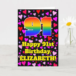 91st Birthday: Loving Hearts Pattern, Rainbow # 91 Card