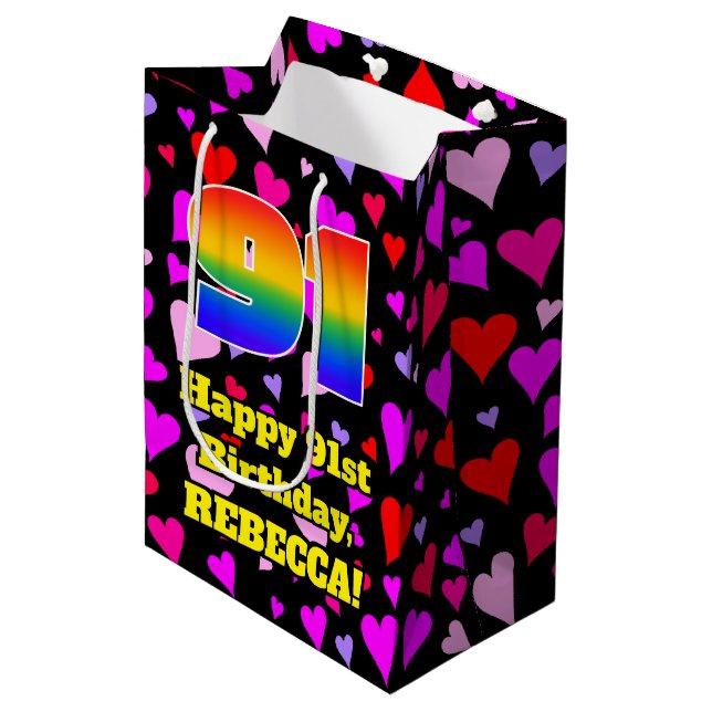 91st Birthday: Loving Hearts Pattern, Rainbow # 91 Medium Gift Bag (Front Angled)