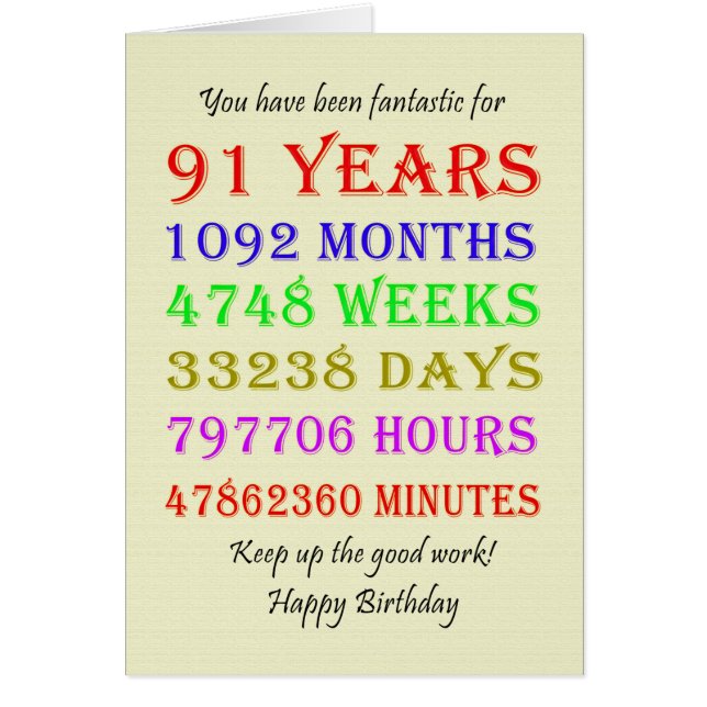 91st Birthday Milestones Cards (Front)