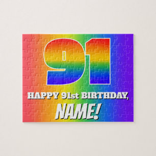 91st Birthday — Multicolored Rainbow Pattern “91” Jigsaw Puzzle