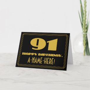 91st Birthday: Name + Art Deco Inspired Look "91" Card