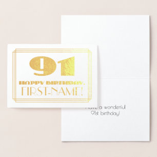 91st Birthday; Name + Art Deco Inspired Look "91" Foil Card