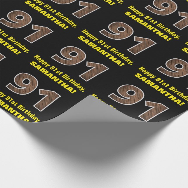 91st Birthday: Name & Faux Wood Grain Pattern "91" Wrapping Paper (Corner)