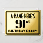 [ Thumbnail: 91st Birthday Party: Art Deco Look “91” and Name Invitation ]
