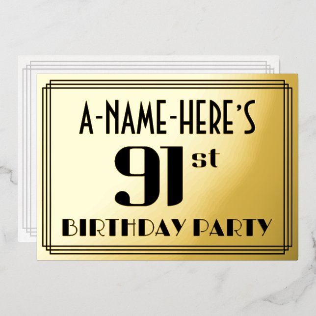 91st Birthday Party: Art Deco Look “91” and Name Foil Invitation (Front/Back)