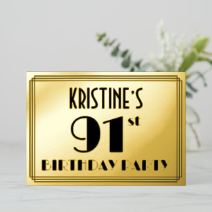 91st Birthday Party — Art Deco Look “91” + Name Foil Invitation