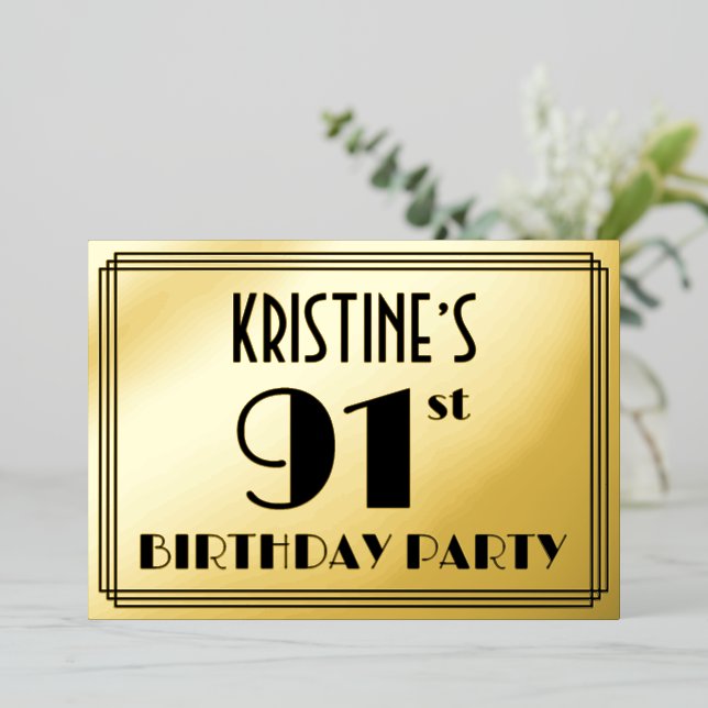 91st Birthday Party — Art Deco Look “91” + Name Foil Invitation (Standing Front)