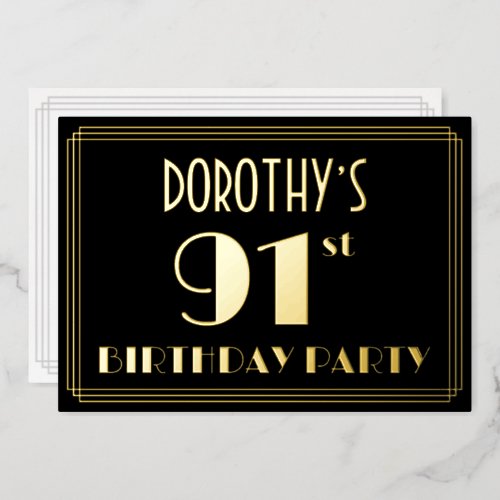 91st Birthday Party Art Deco Look 91 w Name Foil Invitation