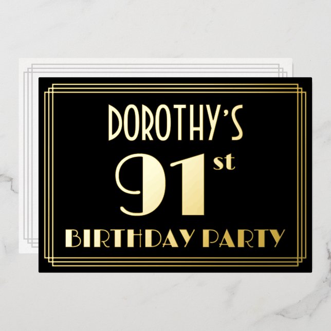 91st Birthday Party: Art Deco Look “91”, w/ Name Foil Invitation (Front/Back)