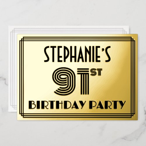 91st Birthday Party  Art Deco Style 91  Name Foil Invitation