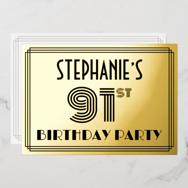 91st Birthday Party — Art Deco Style “91” & Name Foil Invitation (Front/Back)