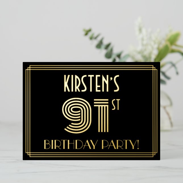 91st Birthday Party — Art Deco Style “91” + Name Foil Invitation (Standing Front)