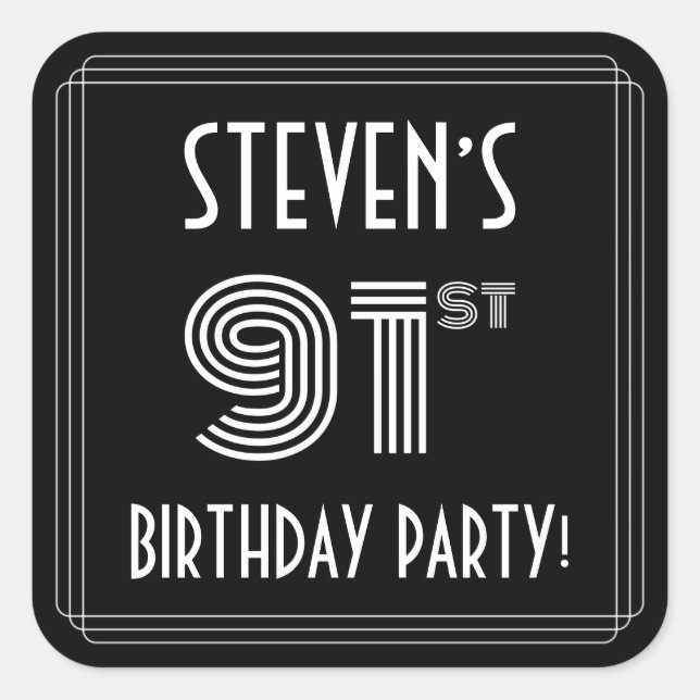 91st Birthday Party: Art Deco Style & Custom Name Square Sticker (Front)