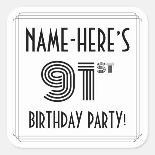 91st Birthday Party Art Deco Style  Custom Name Square Sticker