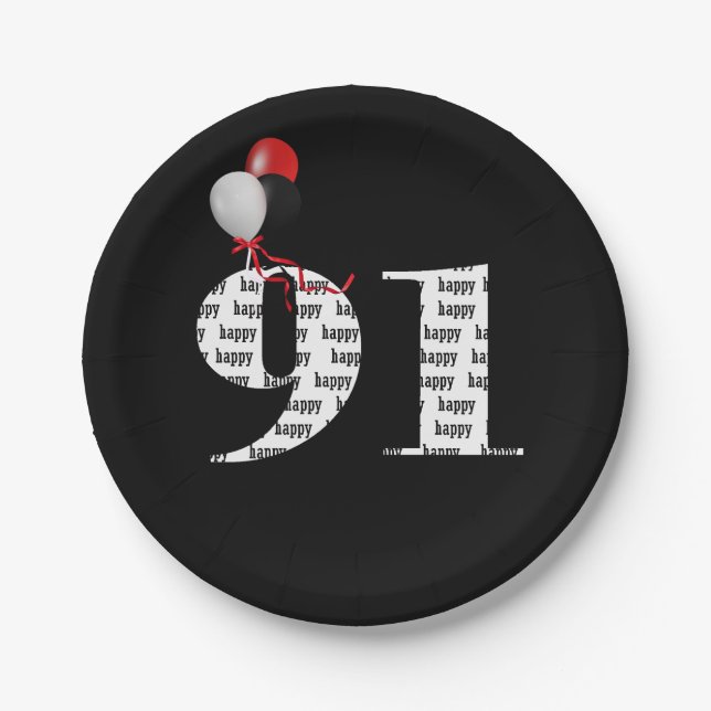 91st birthday party balloons paper plates (Front)