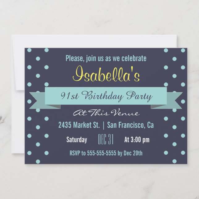 91st Birthday Party Blue Polka Dot and Banner Invitation (Front)