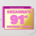 [ Thumbnail: 91st Birthday Party — Bold, Fun, Pink Stripes # 91 Invitation ]