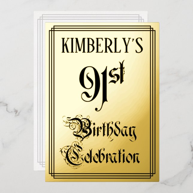 91st Birthday Party — Elegant Script + Custom Name Foil Invitation (Front/Back)