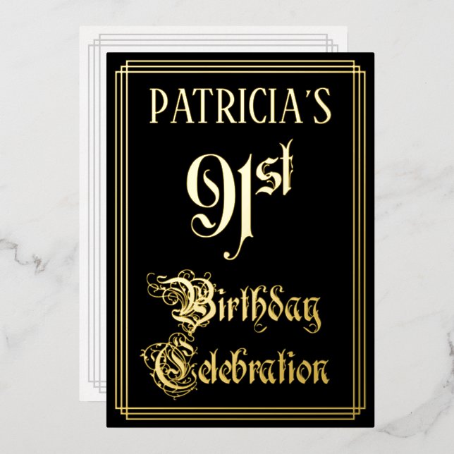 91st Birthday Party — Fancy Script & Custom Name Foil Invitation (Front/Back)
