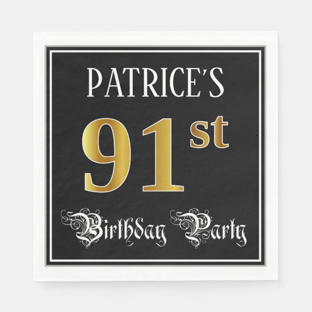 91st Birthday Party — Fancy Script, Faux Gold Look Napkins (Front)