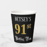[ Thumbnail: 91st Birthday Party — Fancy Script, Faux Gold Look Paper Cups ]