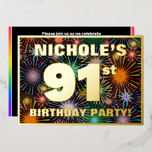 91st Birthday Party — Fun, Colorful Fireworks Look Foil Invitation