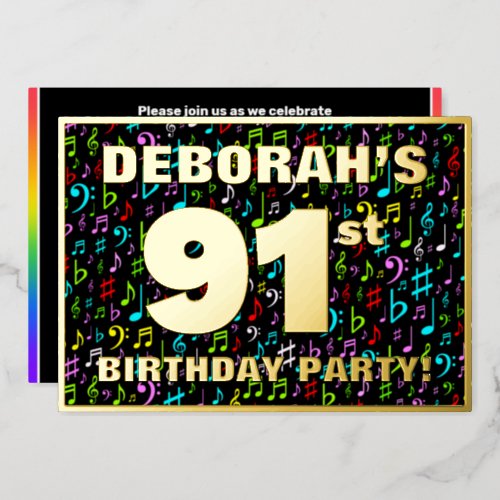 91st Birthday Party  Fun Colorful Music Symbols Foil Invitation