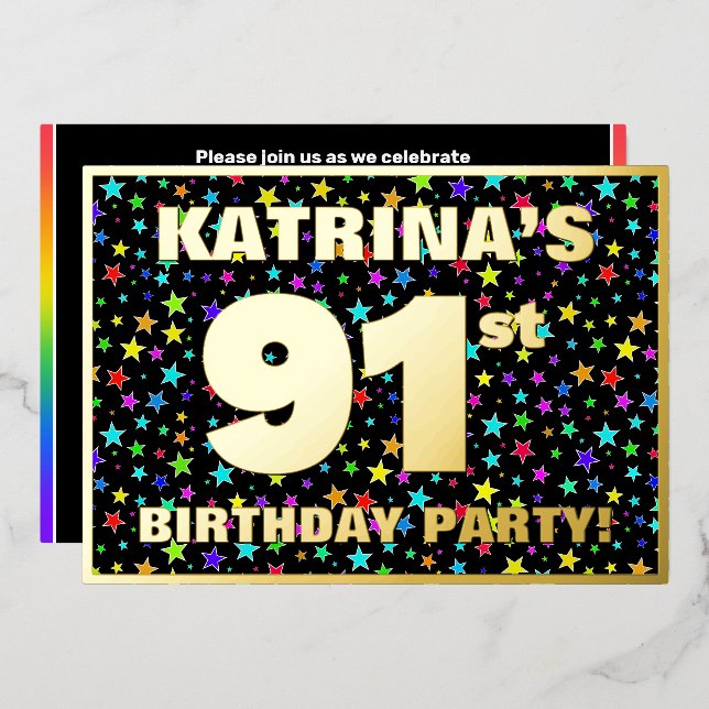91st Birthday Party — Fun, Colorful Stars Pattern Foil Invitation (Front/Back)