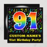 [ Thumbnail: 91st Birthday Party: Fun Music Symbols, Rainbow 91 Invitation ]