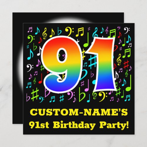 91st Birthday Party Fun Music Symbols Rainbow 91 Invitation